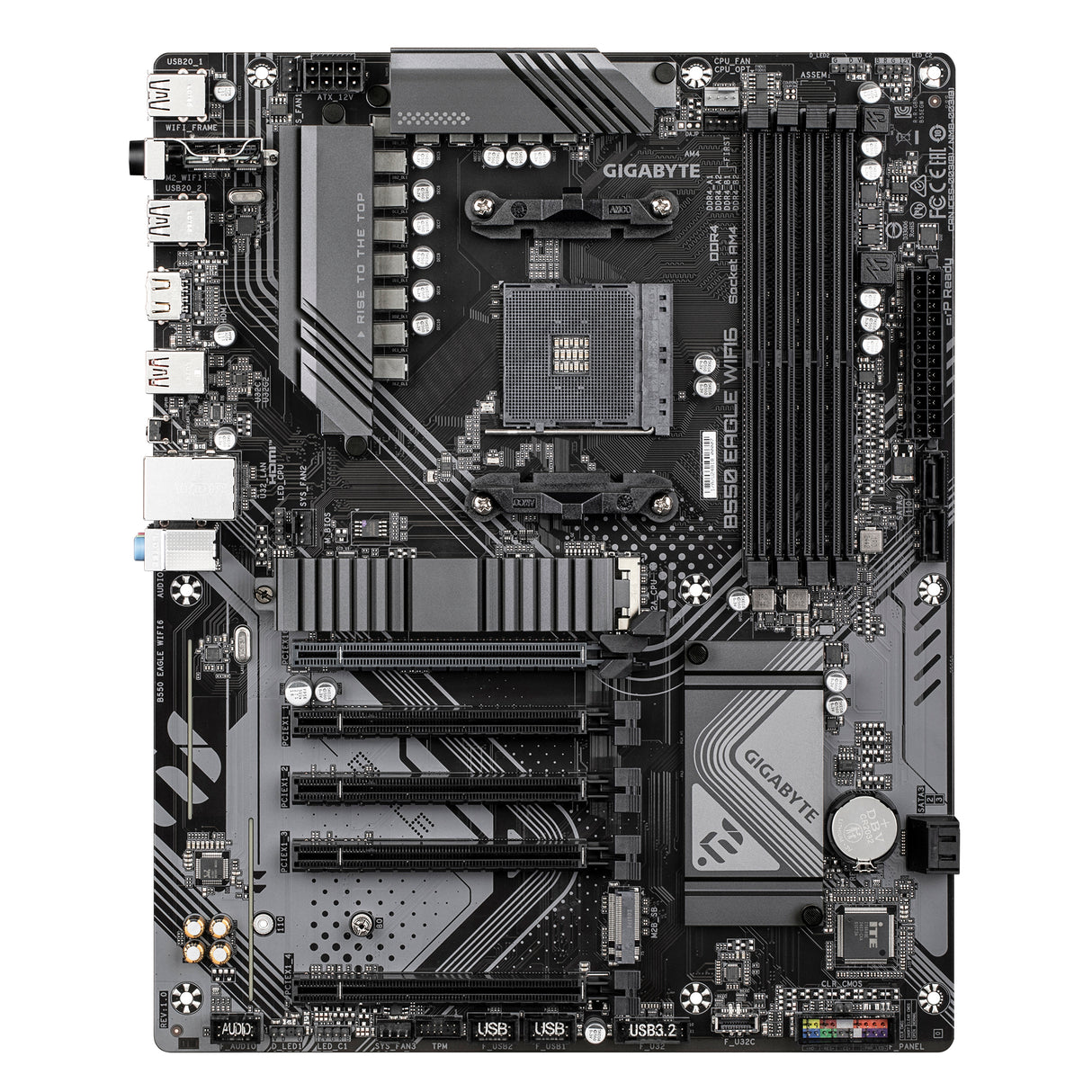 GIGABYTE B550 EAGLE WIFI6 Motherboard - AMD Ryzen 5000 G-Series CPUs, 10+3+1 Phases VRM, up to 3200MHz DDR4, 1xPCIe 4.0 + 1xPCIe 3.0 M.2, 1GbE LAN, WIFI 6, USB 3.2 Gen 2 - B550 EAGLE WIFI6