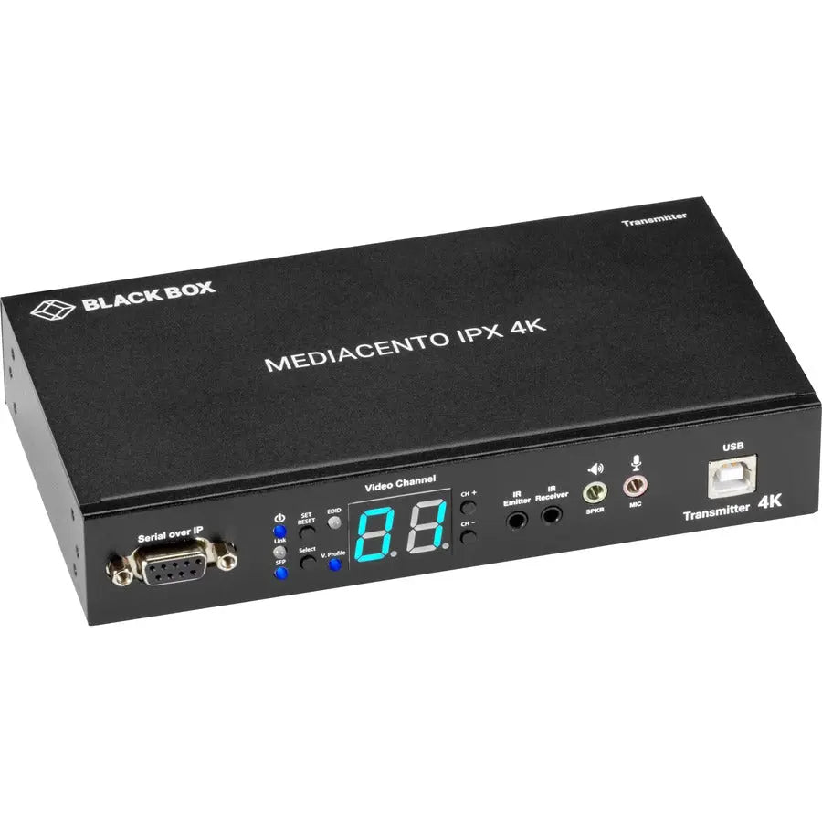 BLACK BOX Black Box MediaCento IPX 4K Transmitter - HDMI, USB, Serial, IR, Audio - 1 Input Device - 1 Output Device - 328 ft Range - 1 x Network (RJ-45) - 1 x USB - 1 x HDMI In - 1 x HDMI Out - 4K - 4096 x 2160 - VX-HDMI-4KIP-TX