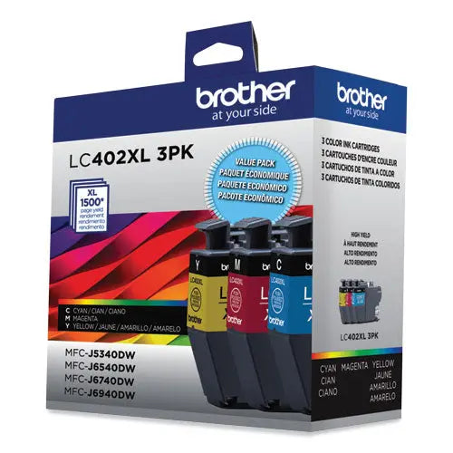 BROTHER BROTHER High-Yield Ink, 1,500 Page-Yield, Cyan/Magenta/Yellow - LC402XL3PKS