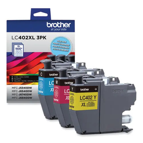 BROTHER BROTHER High-Yield Ink, 1,500 Page-Yield, Cyan/Magenta/Yellow - LC402XL3PKS