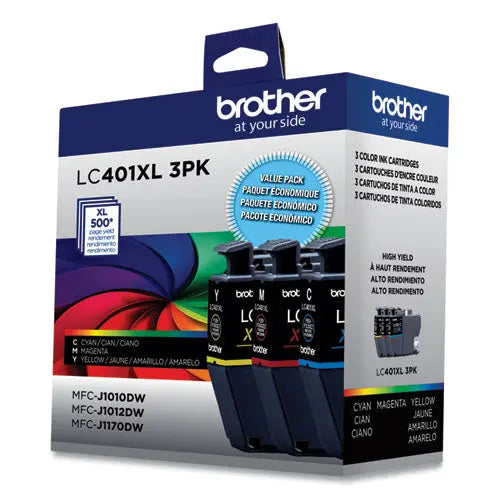 BROTHER BROTHER High-Yield Ink, 500 Page-Yield, Cyan/Magenta/Yellow, 3/Pack - LC401XL3PKS