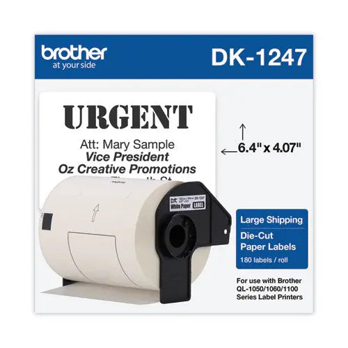 BROTHER BROTHER Label Tape, 4.07" x 6.4", Black on White, 180 Labels/Roll - DK1247