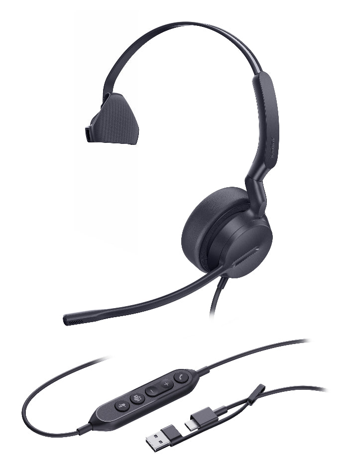 Black headset with USB cable on a white background