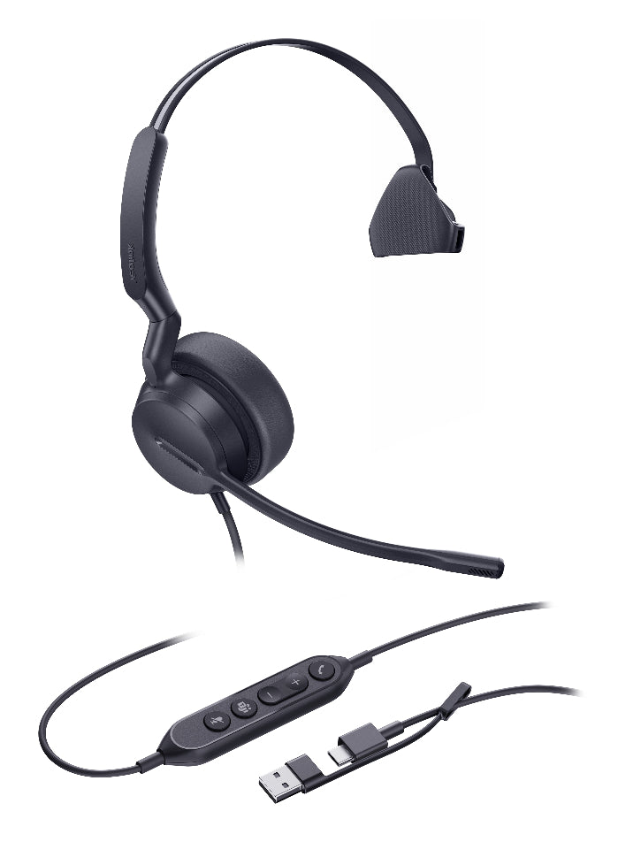 Black headset with USB cable on a white background