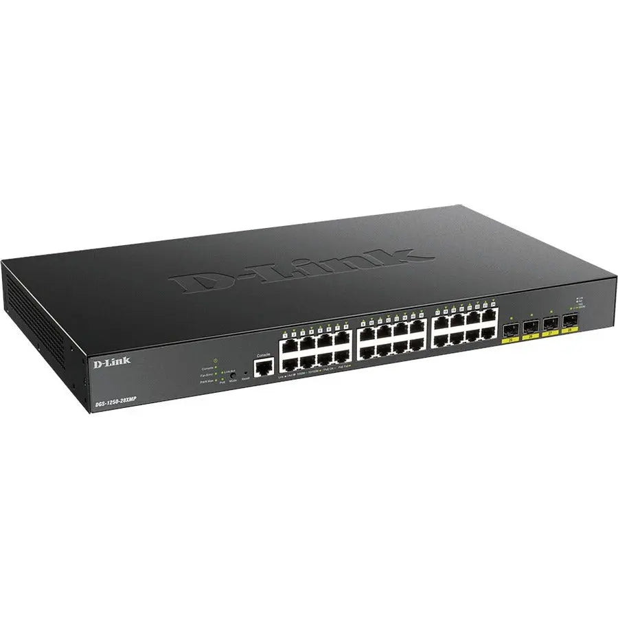 D-LINK D-Link 28-Port 10-Gigabit Smart Managed PoE Switch - 28 Ports - Manageable - 3 Layer Supported - Modular - 39.10 W Power Consumption - 370 W PoE Budget - Twisted Pair, Optical Fiber - PoE Ports - Life... - DGS-1250-28XMP-6KV