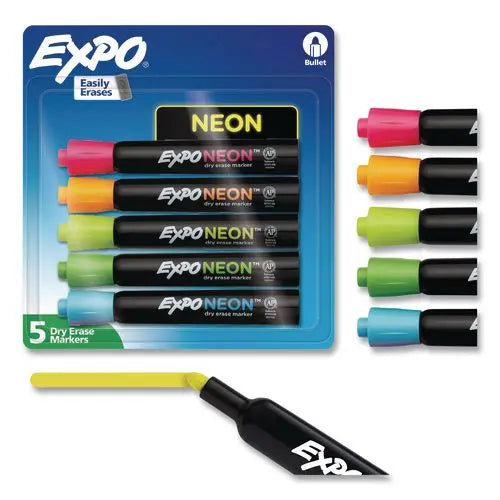 DYMO DYMO Neon Windows Dry Erase Marker, Broad Bullet Tip, Assorted Colors, 5/Pack - 2211553