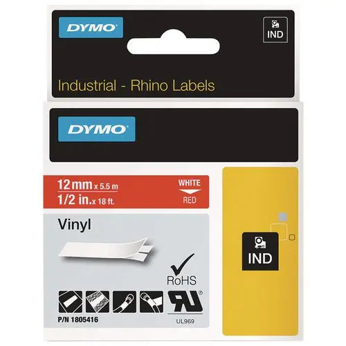 DYMO DYMO Rhino Permanent Vinyl Industrial Label Tape, 0.5" x 18 ft, Red/White Print - 1805416