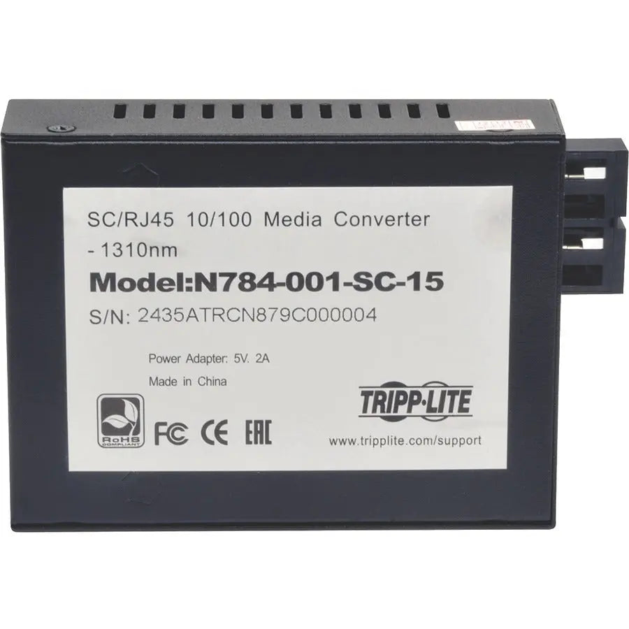 EATON Tripp Lite 10/100 UTP to Singlemode Fiber Media Converter RJ45 / SC 15km 1310nm - 1 x Network (RJ-45) - 10/100Base-TX, 1000Base-FX - Desktop - N784-001-SC-15
