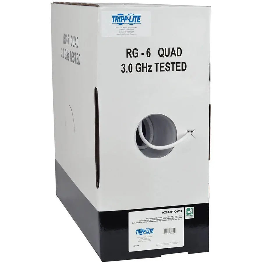 EATON Tripp Lite 1000ft RG6/U Quad Shield CMR Rated Coaxial Cable White 1000' - Coaxial - 1000 ft - 1 x Bare Wire - 1 x Bare Wire - Shielding - White - A224-01K-WH