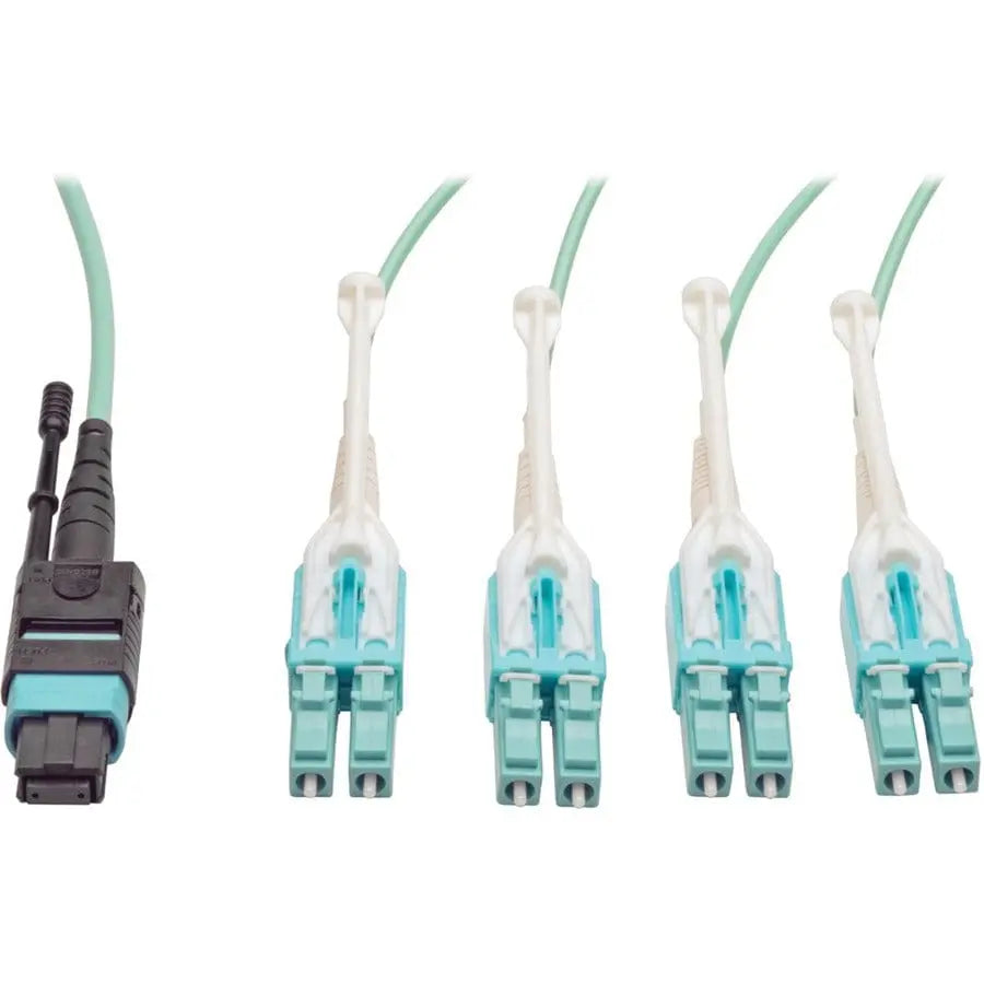 EATON Tripp Lite 1M Fiber Optic Fan-out Cable Push / Pull Tab MTP/MPO to 8 x LC 40Gbase OM3 Plenum Aqua 3ft 3' 1 Meter - 3.30 ft Fiber Optic Network Cable for Network Device - First End: MTP Network - Secon... - N844-01M-8LC-PT