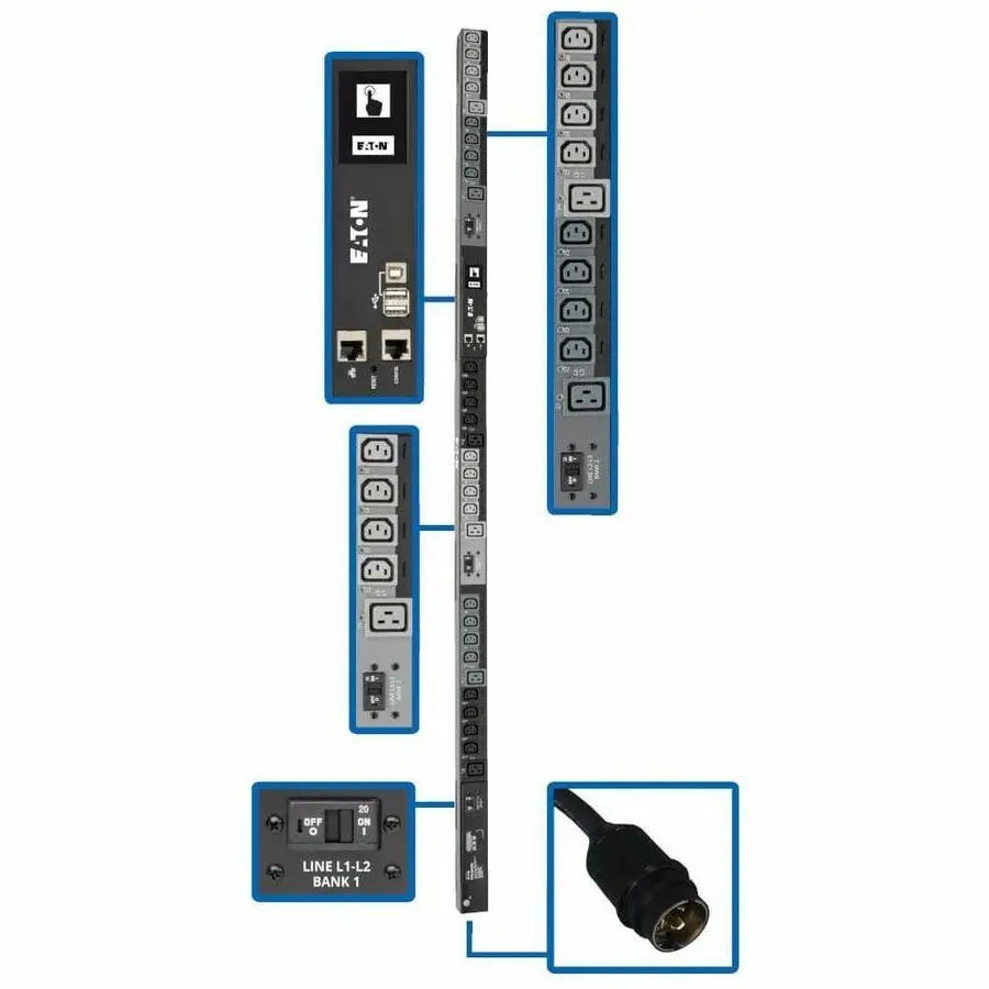 EATON Tripp Lite 3-Phase PDU Switched 10kW 200/208/240V 24 C13;6 C19 L21-30P TAA - Switched - NEMA L21-30P - 6 x IEC 60320 C19, 24 x IEC 60320 C13 - 230 V AC - 0U - Vertical - Rack Mount - Rack-mountable - ... - PDU3EVSR6L2130