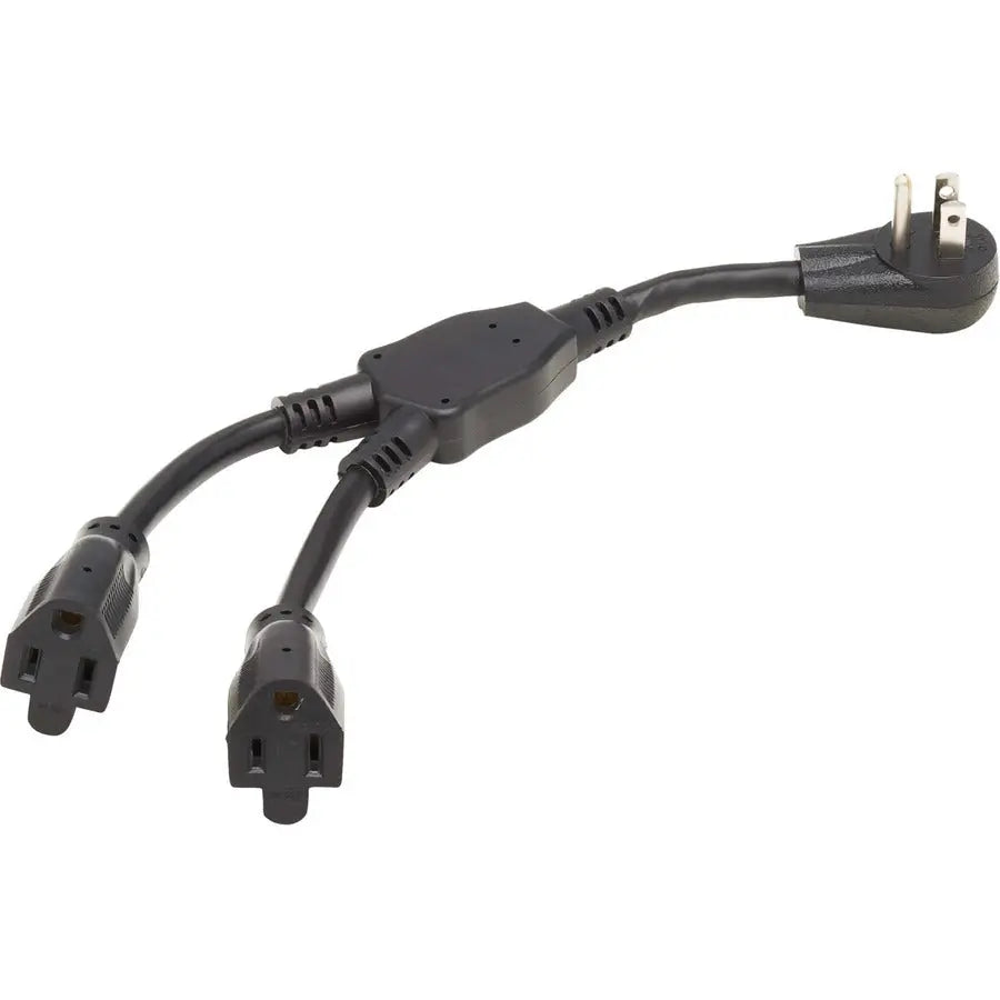 EATON Tripp Lite Extension Cord Y Splitter, Right-Angle NEMA 5-15P to 2x NEMA 5-15R - Heavy Duty, 15A, 120V, 14 AWG, 1 ft. (0.3 m), Black - For PC, Monitor, Printer, Home Theater, Desktop Computer, PDU, UPS - P024-001-15D-2