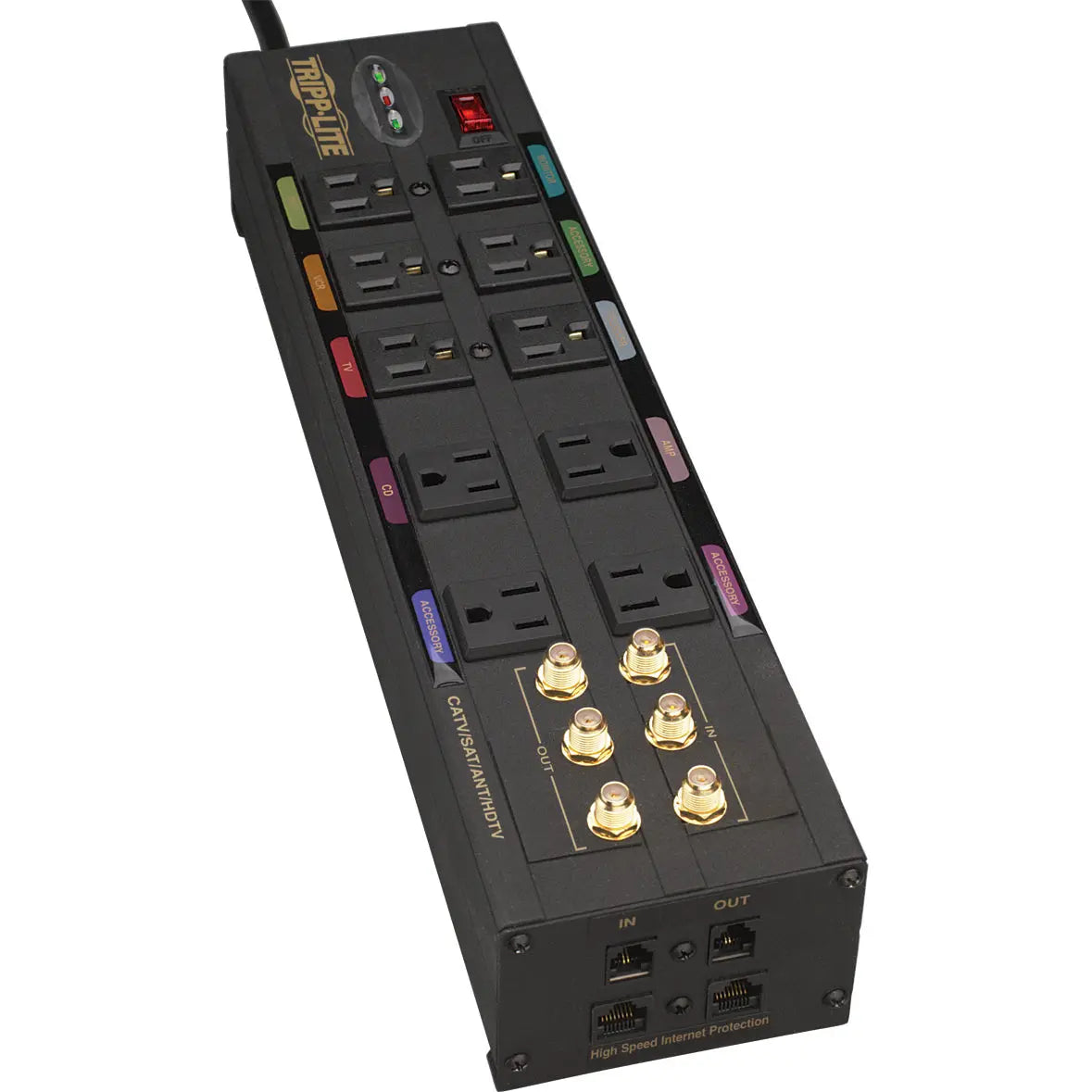 EATON Tripp Lite Home Theater Isobar Surge Protector 10 Outlet RJ11 RJ45 Coax - Receptacles: 10 x NEMA 5-15R - 3840J - HT10DBS