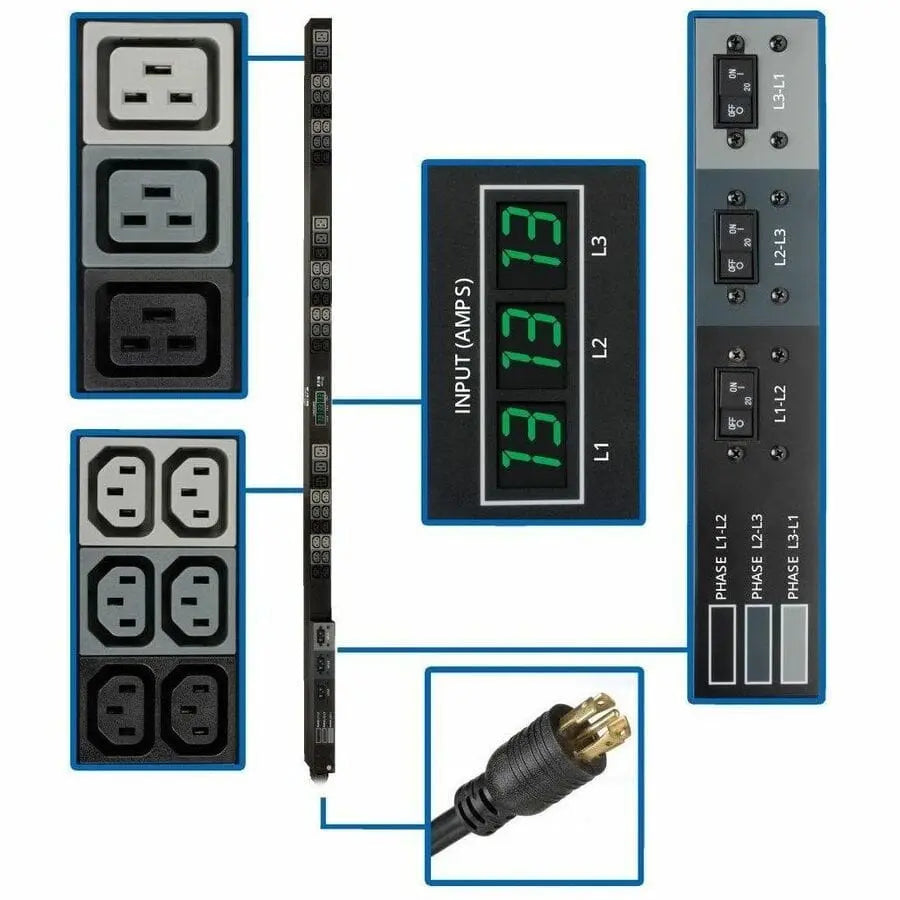 EATON Tripp Lite PDU 3-Phase Metered 208V 8.6kW L21-30P 36 C13; 9 C19 0URM TAA - Vertical Rackmount, Toolless-mount - PDU3MV6L2130A