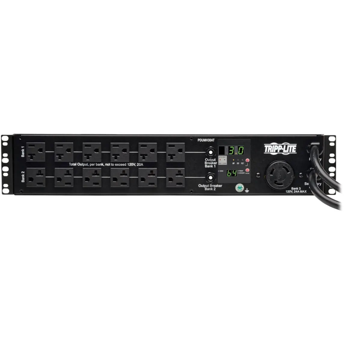 EATON Tripp Lite PDU Metered ATS 120V 30A 24 5-15/20R; 1 L5-30R 2 L5-30P 2URM - 24 x NEMA 5-15/20R, 1 x NEMA L5-30R - 2UHorizontal Rackmount, Wall Mountable - PDUMH30AT