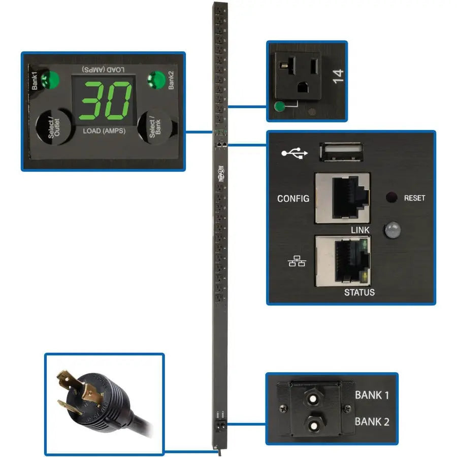EATON Tripp Lite PDU Switched 120V 30A 24 5-15/20R L5-30P LX Interface 0URM TAA - Switched - NEMA L5-30P - 24 x NEMA 5-15/20R - 120 V AC - 0U - Vertical - Rack Mount - Rack-mountable - TAA Compliant - PDUMVR30NETLX