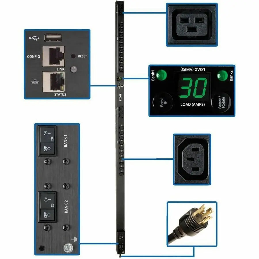 Tripp Lite PDU Switched 5/5.8kW 208/240V, 20 C13 4 C19, LX Platform Interface, 0URM Rackmount Vertical TAA - Switched - NEMA L6-30P - 4 x IEC 60320 C19, 20 x IEC 60320 C13 - 230 V AC - 5800 VA - 0U - - PDUMV30HVNETLX EATON