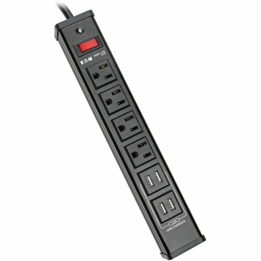 EATON Tripp Lite Surge Protector Power Strip 4-Outlet 4 USB Charging Ports 6ft Cord - 4 x NEMA 5-15R, 4 x USB - 1875 VA - 450 J - 120 V AC Input - TLM446USBB