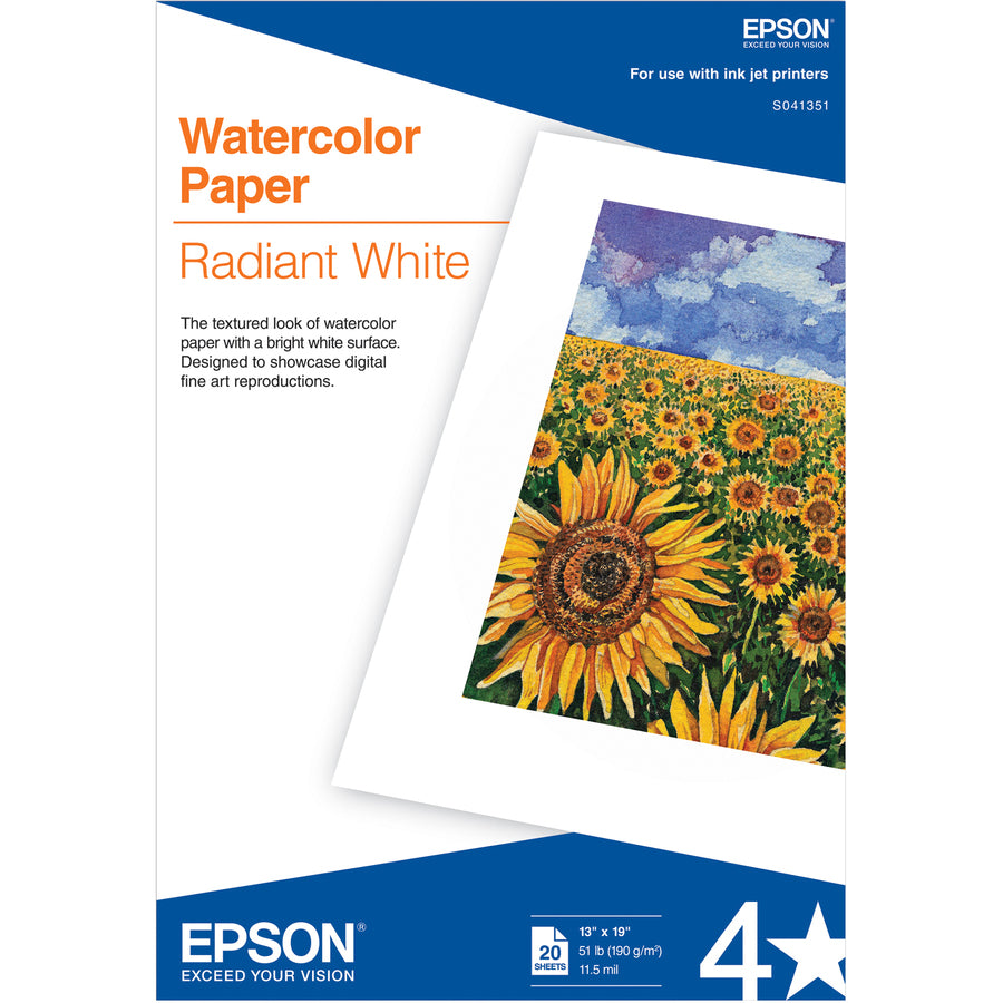 EPSON Epson Inkjet Fine Art Paper - White - 96% Opacity - Super B - 13" x 19" - 190 g/m² Grammage - Matte - 20 Sheet