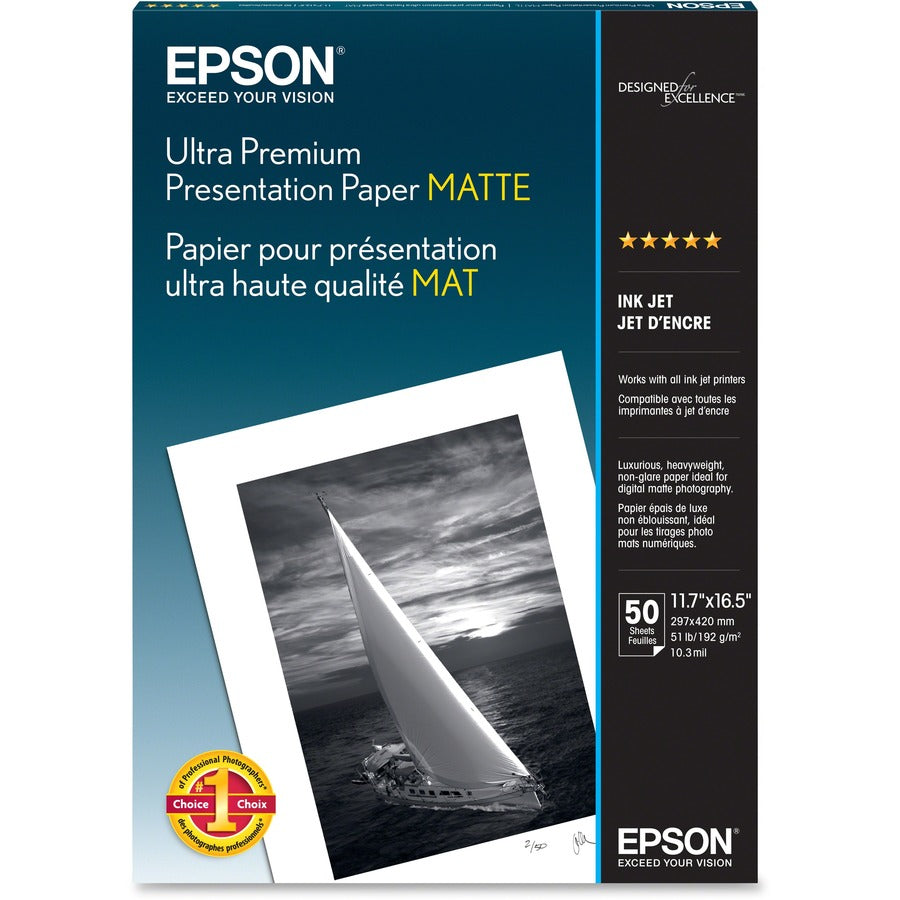 EPSON Epson Inkjet Photo Paper - White - 104 Brightness - 94% Opacity - A3 - 11 45/64" x 16 1/2" - Matte - 50 / Pack