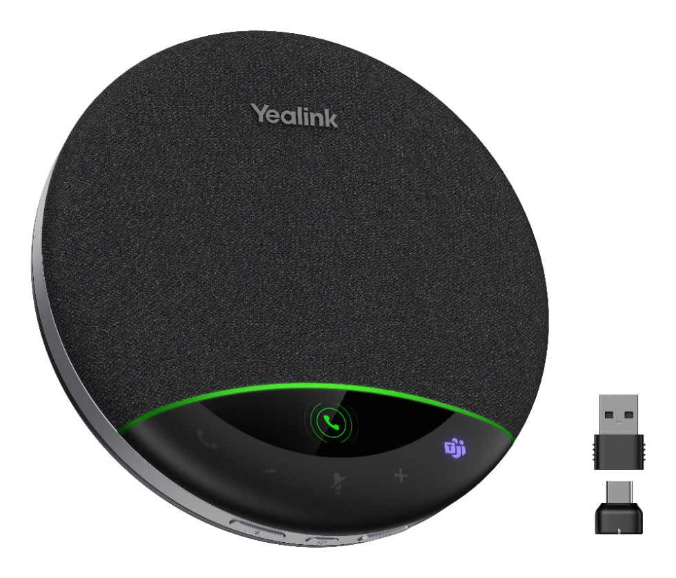 Black Yealink device with USB and HDMI accessories on a white background
