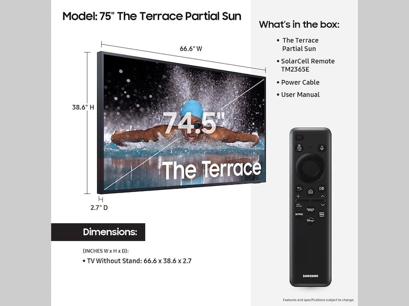 Samsung The Terrace QN75LST7DAFXZA TV 190.5 cm (75") 4K Ultra HD Smart TV Wi-Fi Black 2000 cd/m² - QN75LST7DAFXZA