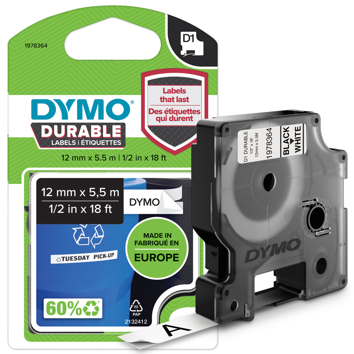 DYMO Authentic D1 Durable Labels | Black Print on White Tape | 12 mm x 5.5 m | High-Performance Label Tape for LabelManager Label Makers - 1978364