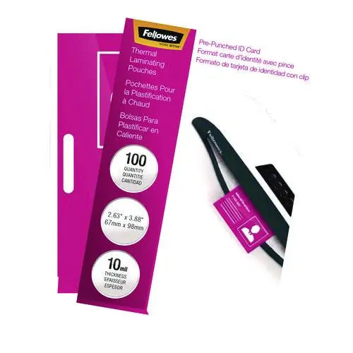 FELLOWES FELLOWES Laminating Pouches, 10 mil, 3.88" x 2.63", Clear Gloss, 100/Pack - 52051