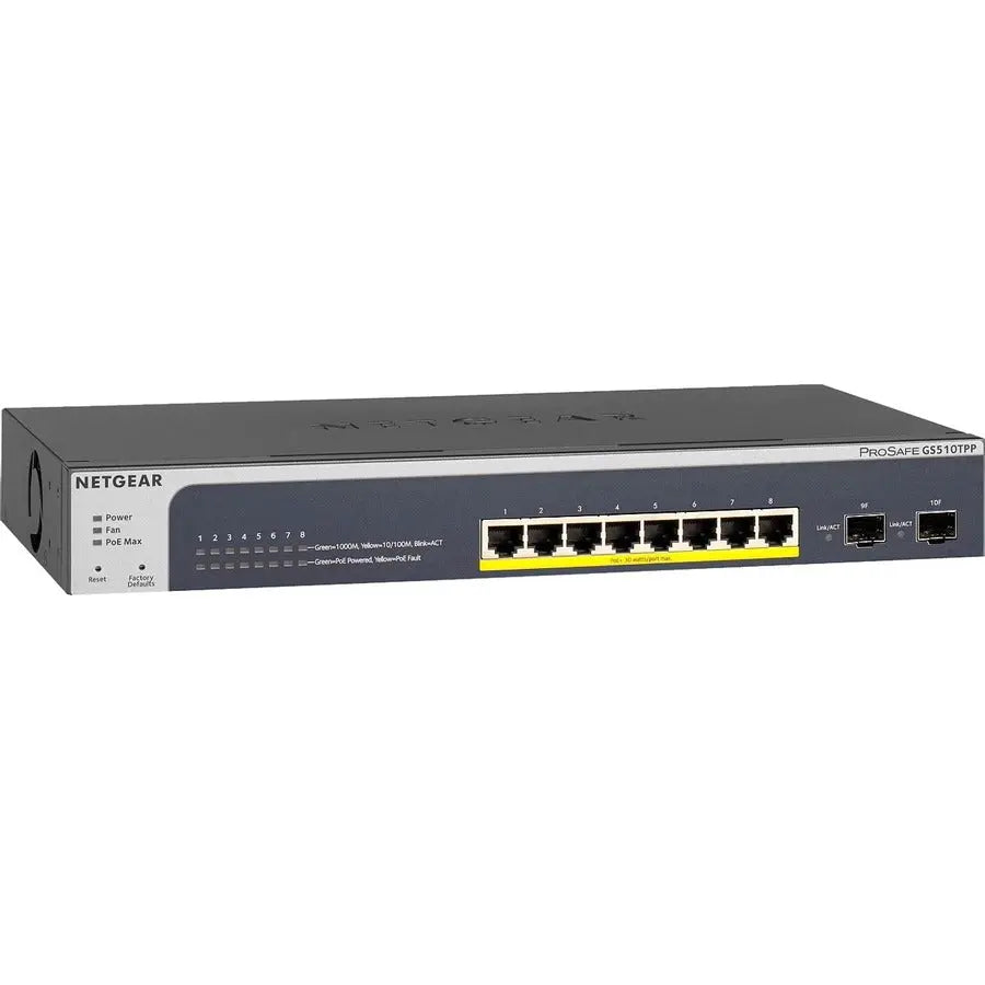NETGEAR Netgear ProSAFE 8-Port PoE+ Gigabit Smart Managed Switch with 2 SFP Ports (GS510TPP) - 8 Ports - Manageable - Gigabit Ethernet - 1000Base-T - 3 Layer Supported - Modular - 2 SFP Slots - Power Supply -... - GS510TPP-100NAS