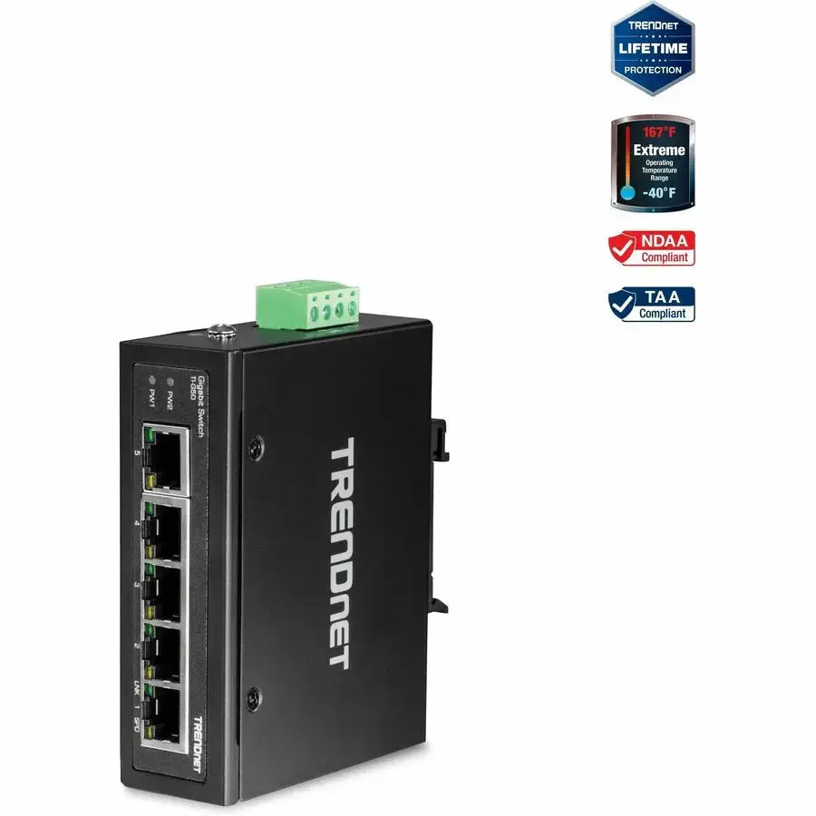 TRENDNET TRENDnet 5-Port Hardened Industrial Gigabit DIN-Rail Switch, 10 Gbps Switching Capacity, IP30 Rated Network Switch (-40 to 167 ?F), DIN-Rail & Wall Mounts Included, Lifetime Protection, Black, TI-G50 ... - TI-G50