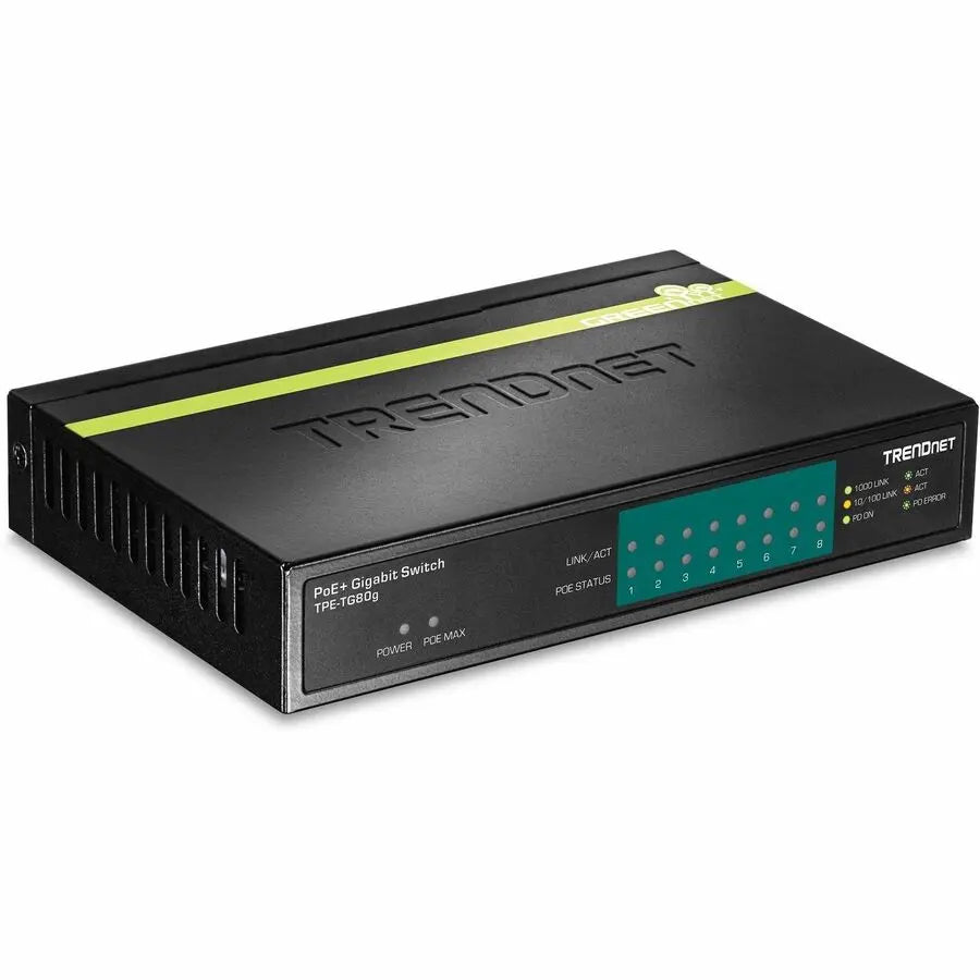 TRENDNET TRENDnet 8-Port Gigabit PoE+ Switch, 8 x Gigabit PoE+ Ports, 123W PoE Power Budget, 16 Gbps Switching Capacity, Desktop Switch, Ethernet Network Switch, Metal, Lifetime Protection, Black, TPE-TG80G - ... - TPE-TG80G