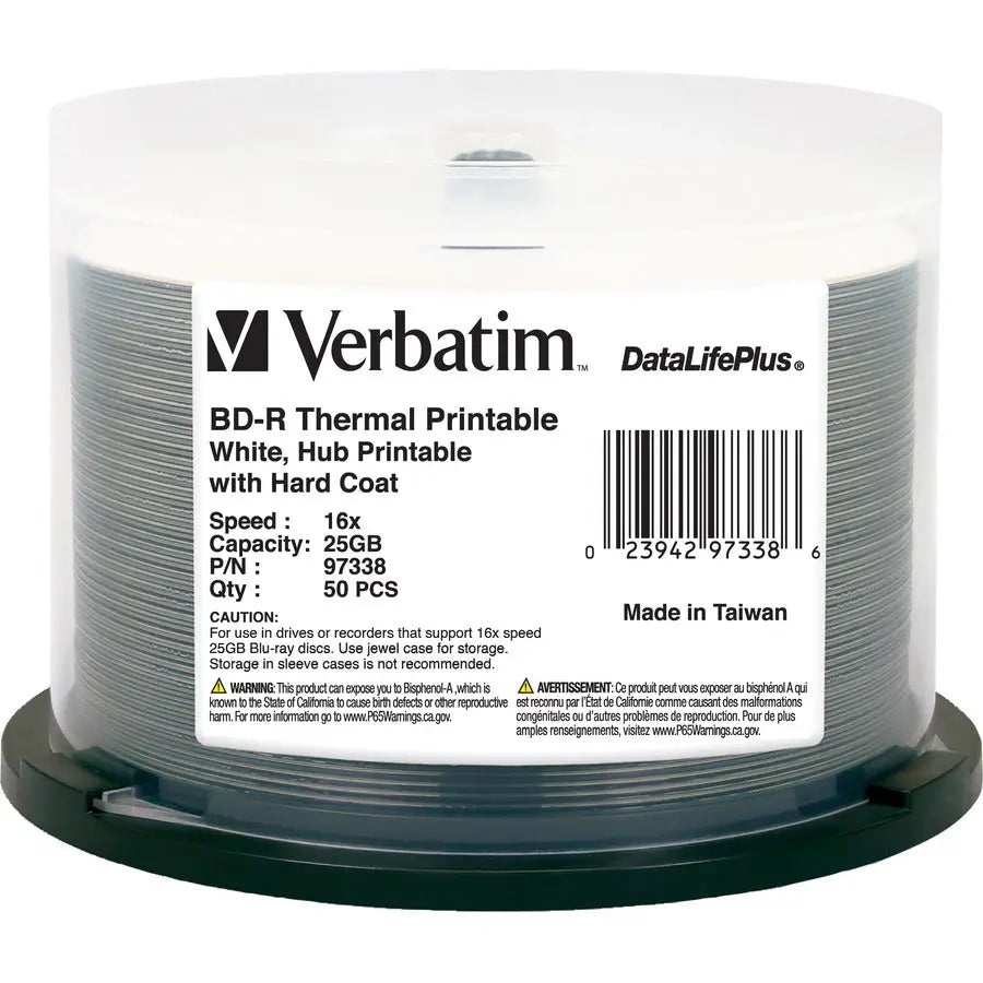 VERBATIM BD-R 25GB 16X DataLifePlus White Thermal Printable, Hub Printable - 50pk Spindle - 50pk Spindle - 97338
