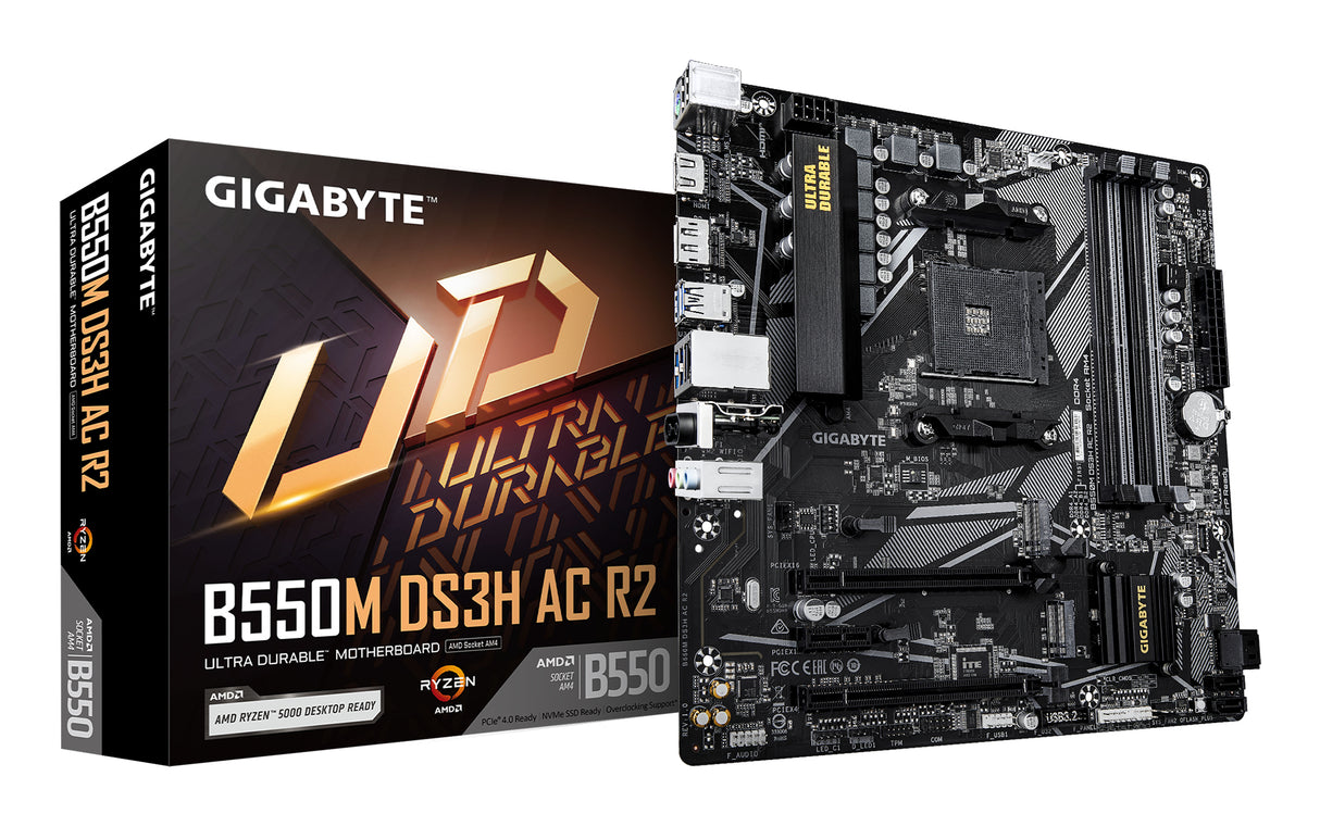 GIGABYTE B550M DS3H AC R2 Motherboard - AMD Ryzen 5000 CPUs, 5+3 Phases VRM, up to 4733MHz DDR4 (O.C.), 1xPCIe 4.0 + 1xPCIe 3.0 M.2, Wi-Fi 5, 1GbE LAN, USB 3.2 Gen 1 - B550M DS3H AC R2