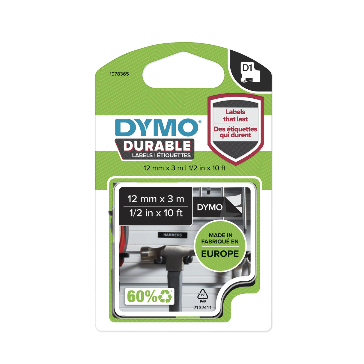 DYMO Authentic D1 Durable Labels | White Print on Black Tape | 12 mm x 3 m | Labelling Tape for LabelManager Label Makers - 1978365 DYMO