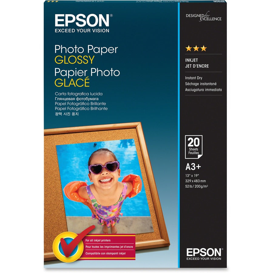 Epson Inkjet Photo Paper - White - 89 Brightness - 96% Opacity - Super B - 13" x 19" - 52 lb Basis Weight - Soft Gloss - 20 / Pack - S041143