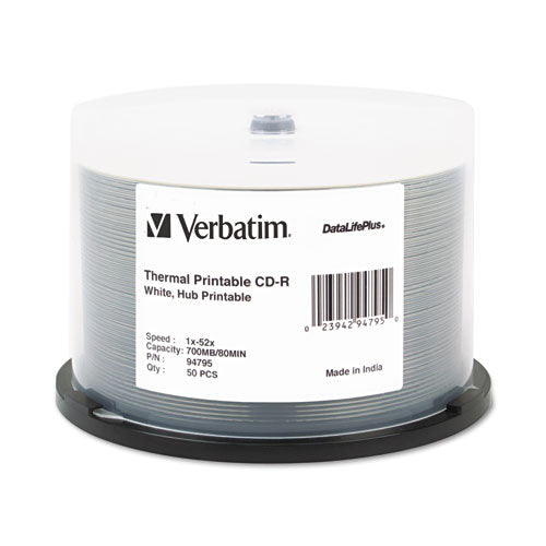 VERBATIM CD-R DataLifePlus Printable Recordable Disc, 700 MB/80 min, 52x, Spindle, White, 50/Pack - 94755