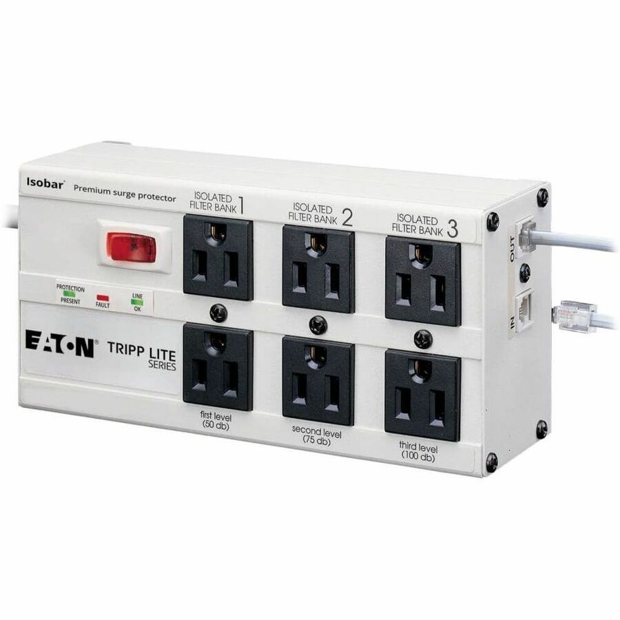 Tripp Lite Isobar Surge Protector Metal RJ11 6 Outlet 6' Cord 3330 Joules - 6 x NEMA 5-15R - 1440 VA - 3330 J - 120 V AC Input - 120 V AC Output - ISOTEL6ULTRA