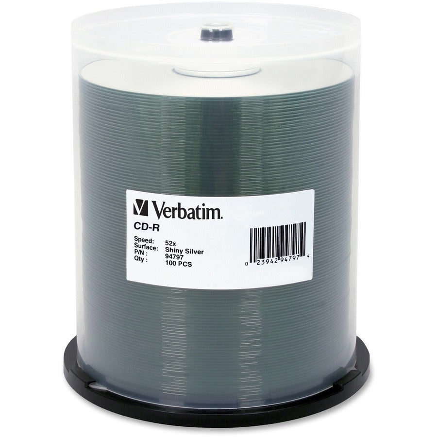 Verbatim CD-R 700MB 52X DataLifePlus Shiny Silver Silk Screen Printable - 100pk Spindle - Printable - Silk-screen Printable - 94797