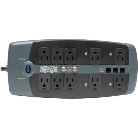 Tripp Lite Surge Protector 120V 10 Outlet RJ11 Coax 8' Cord 3345 Joule - Receptacles: 8 x NEMA 5-15R - 3345J - TLP1008TELTV