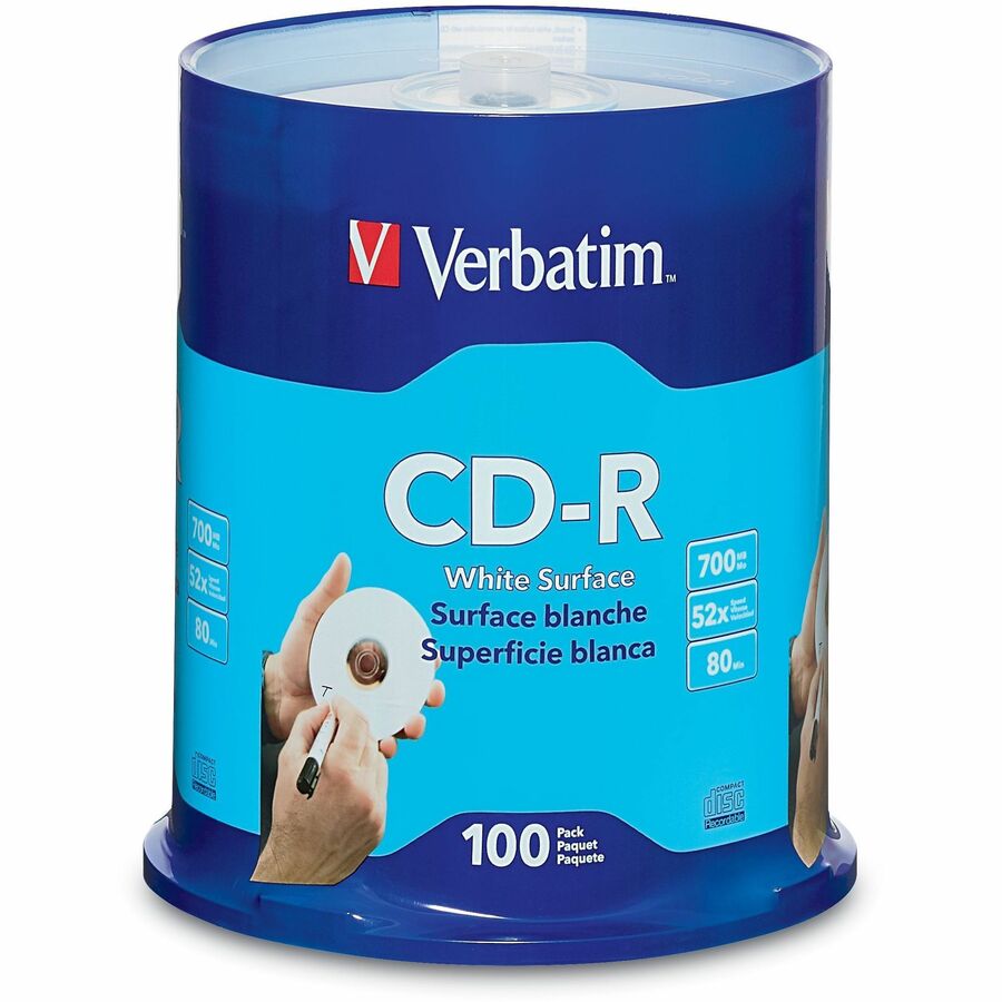Verbatim CD-R 700MB 52X with Blank White Surface - 100pk Spindle - 120mm - Printable - 1.33 Hour Maximum Recording Time - 94712
