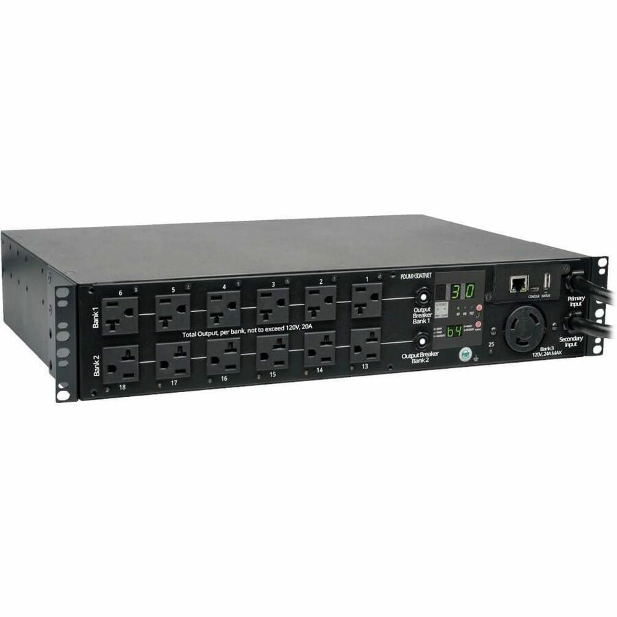 Tripp Lite PDU Switched ATS 120V 30A 24 5-15/20R; 1 L5-30R 2 L5-30P 2URM - 24 x NEMA 5-15/20R, 1 x NEMA L5-30R - 2UHorizontal Rackmount - PDUMH30ATNET