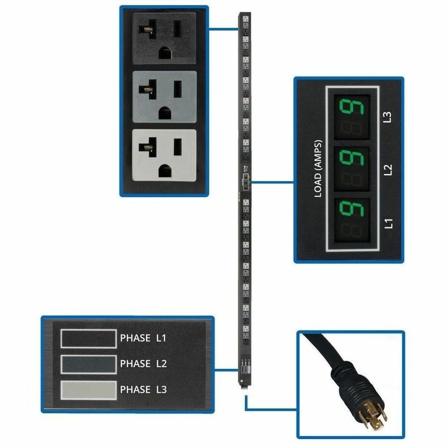 Tripp Lite PDU 3-Phase Metered 120V 5.7 kW 42 5-15/20R L21-20P 0URM - 42 x NEMA 5-15/20R - 5.70 kVA - Vertical Rackmount, Toolless-mount - PDU3MV6L2120LV