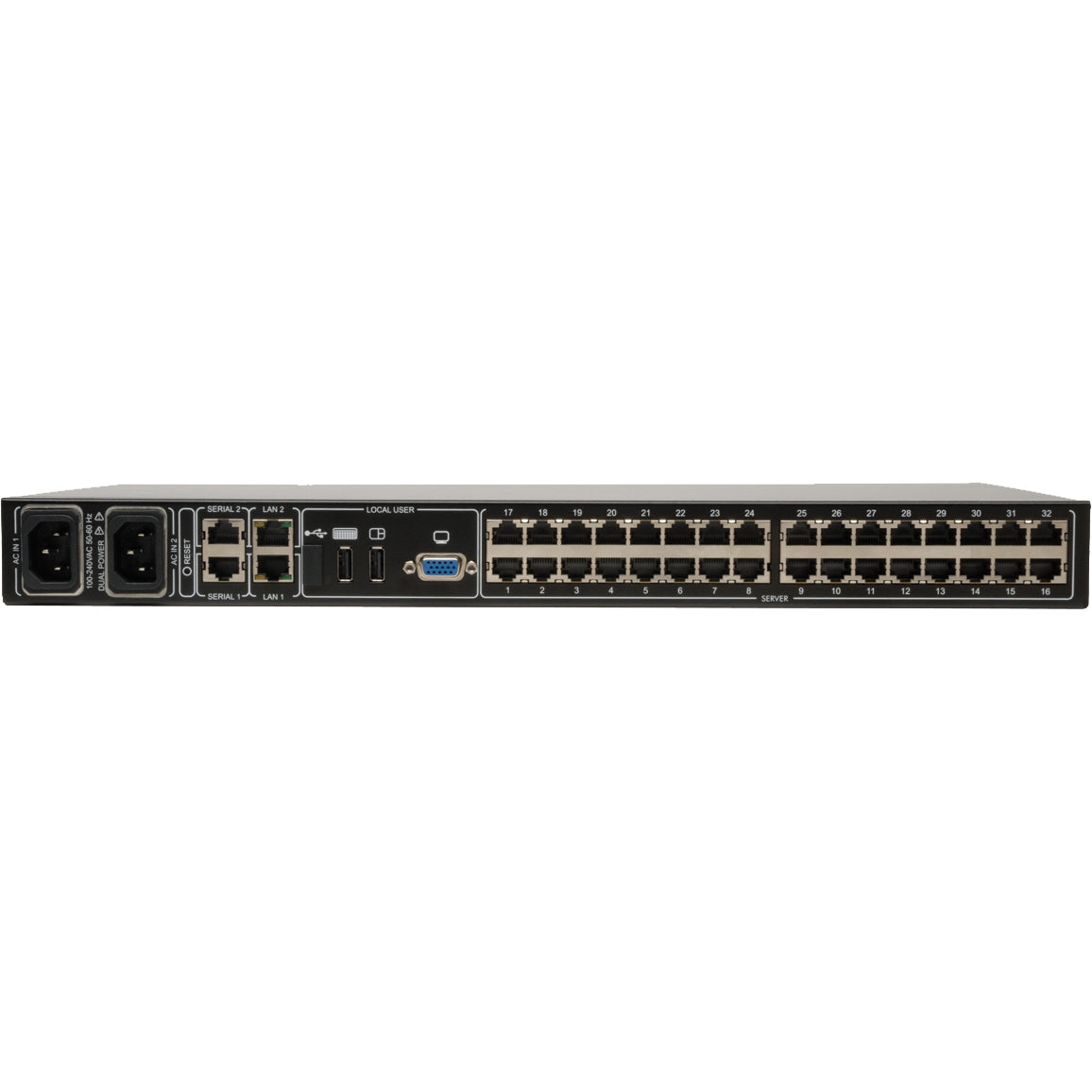 Tripp Lite 32-Port Cat5 IP KVM Switch 1 Local 2 Remote User 1URM Rackmount - 32 Computer(s) - 1 Local User(s) - 2 Remote User(s) - 1920 x 1080 - 36 x Network (RJ-45) - 2 x USB1 x VGA - Rack-mountable ...  - B072-032-IP2