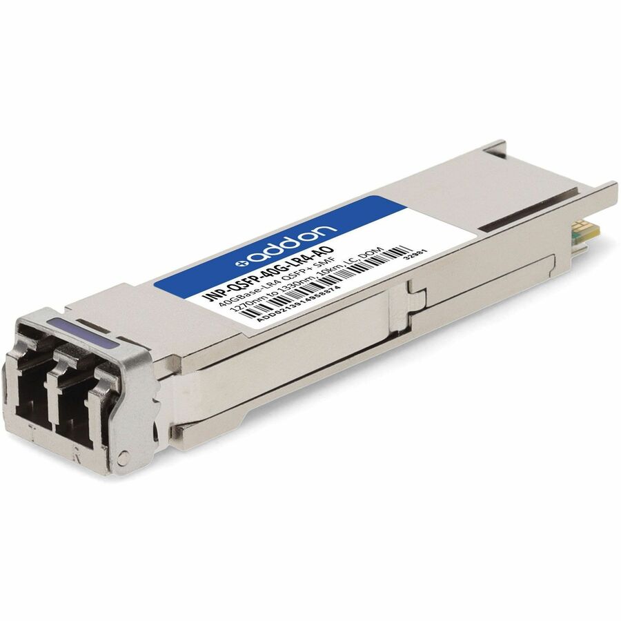 AddOn Juniper Networks JNP-QSFP-40G-LR4 Compatible TAA Compliant 40GBase-LR4 QSFP+ Transceiver (SMF, 1270nm to 1330nm, 10km, LC, DOM) - 100% compatible and guaranteed to work - JNP-QSFP-40G-LR4-AO