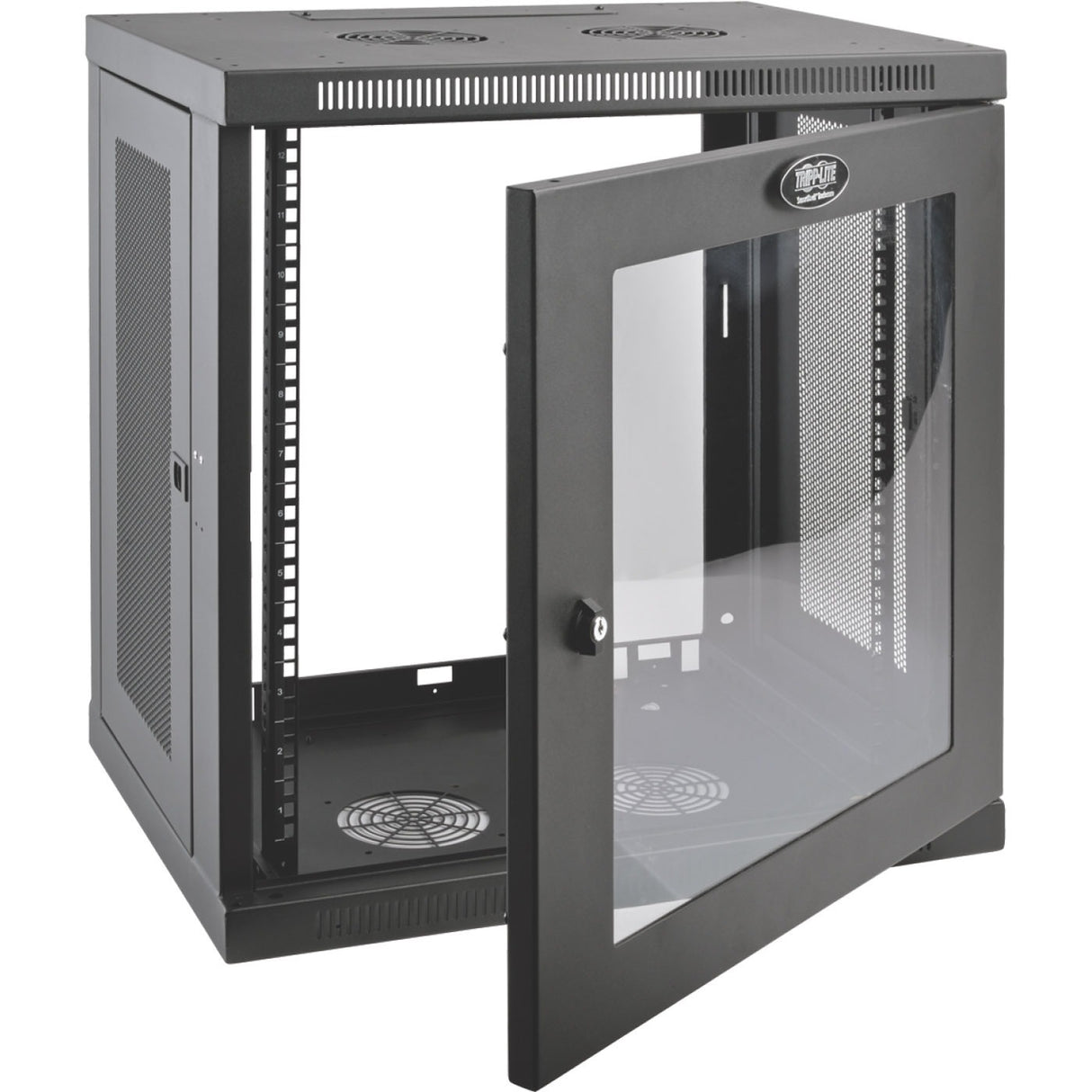 Tripp Lite 12U Wall Mount Rack Enclosure Server Cabinet w/ Glass Front Door - For Server - 12U Rack Height x 19" Rack Width x 16.50" Rack Depth - Wall Mountable - Black Powder Coat - Steel - 200 lb Ma - SRW12UG