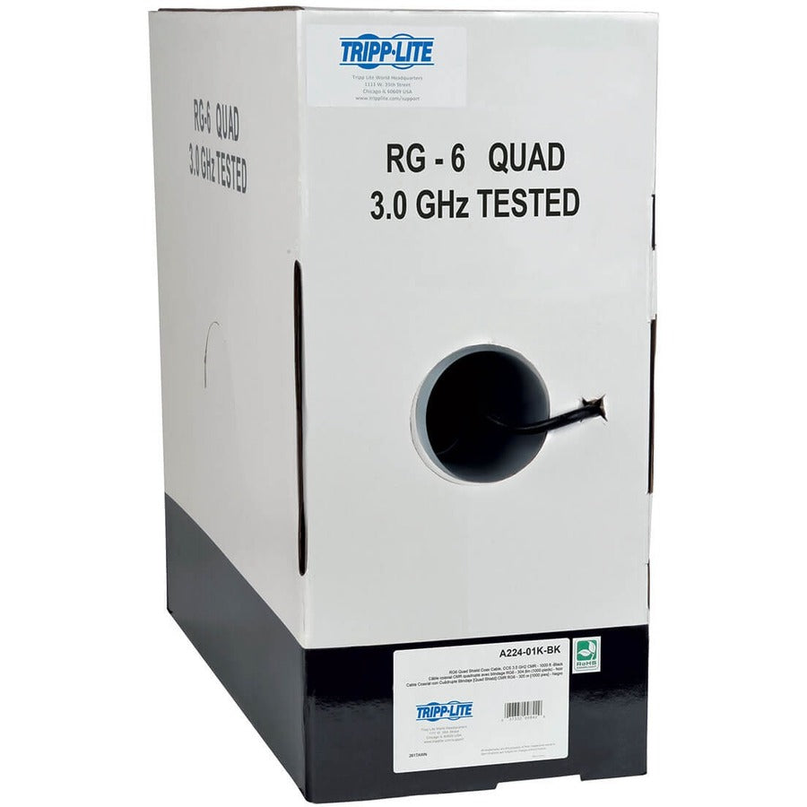 Tripp Lite 1000ft RG6/U Quad Shield CMR Rated Coaxial Cable Black 1000' - Coaxial - 1000 ft - 1 x Bare Wire - 1 x Bare Wire - Shielding - A224-01K-BK