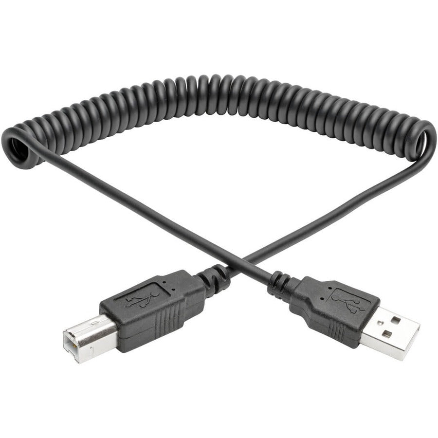 Tripp Lite 10ft Hi-Speed USB 2.0 to USB B Cable Coiled USB A-B M/M 10' - USB for Scanner, Notebook - 60 MB/s - 10 ft - 1 x Type A Male USB - 1 x Type B Male USB - Nickel Plated - Shielding - Black - U022-010-COIL