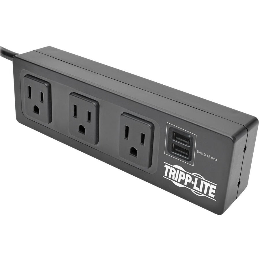 Tripp Lite 3-Outlet Surge Protector Power Strip w/ 2-Port USB Charging Black - 3 x NEMA 5-15R, 2 x USB - 510 J - 120 V AC Input - 120 V AC, 5 V DC Output - TLP310USBS