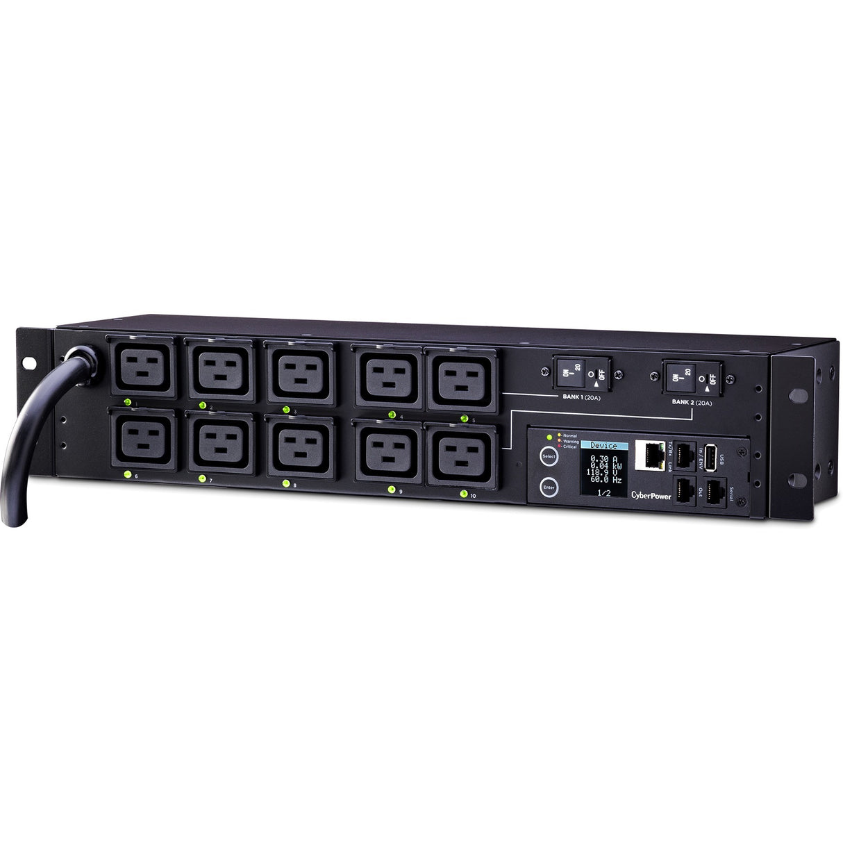 CyberPower PDU81009 200 - 240 VAC 30A Switched Metered-by-Outlet PDU - 10 Outlets, 12 ft, NEMA L6-30P, Horizontal, 2U, LCD, 3YR Warranty - PDU81009