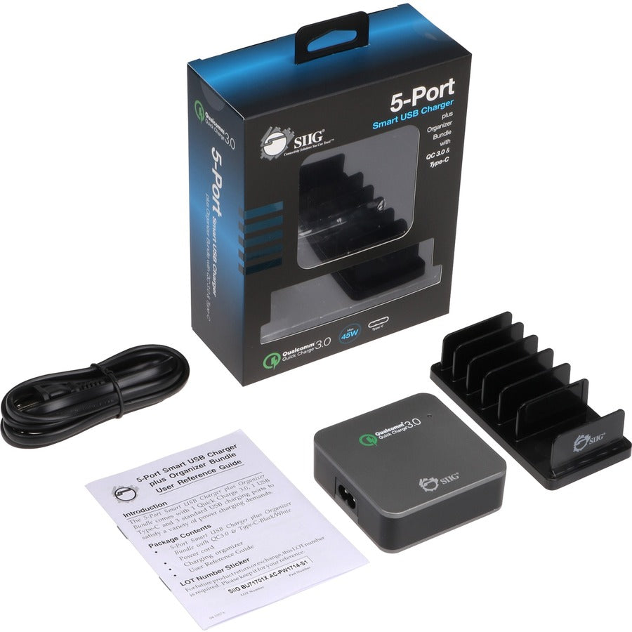 SIIG 5-Port Smart USB Charger plus Organizer Bundle with QC3.0 & Type-C - Black - 45 W - 120 V AC, 230 V AC Input - 12 V DC/3 A, 9 V DC, 6.5 V DC Output - AC-PW1714-S1
